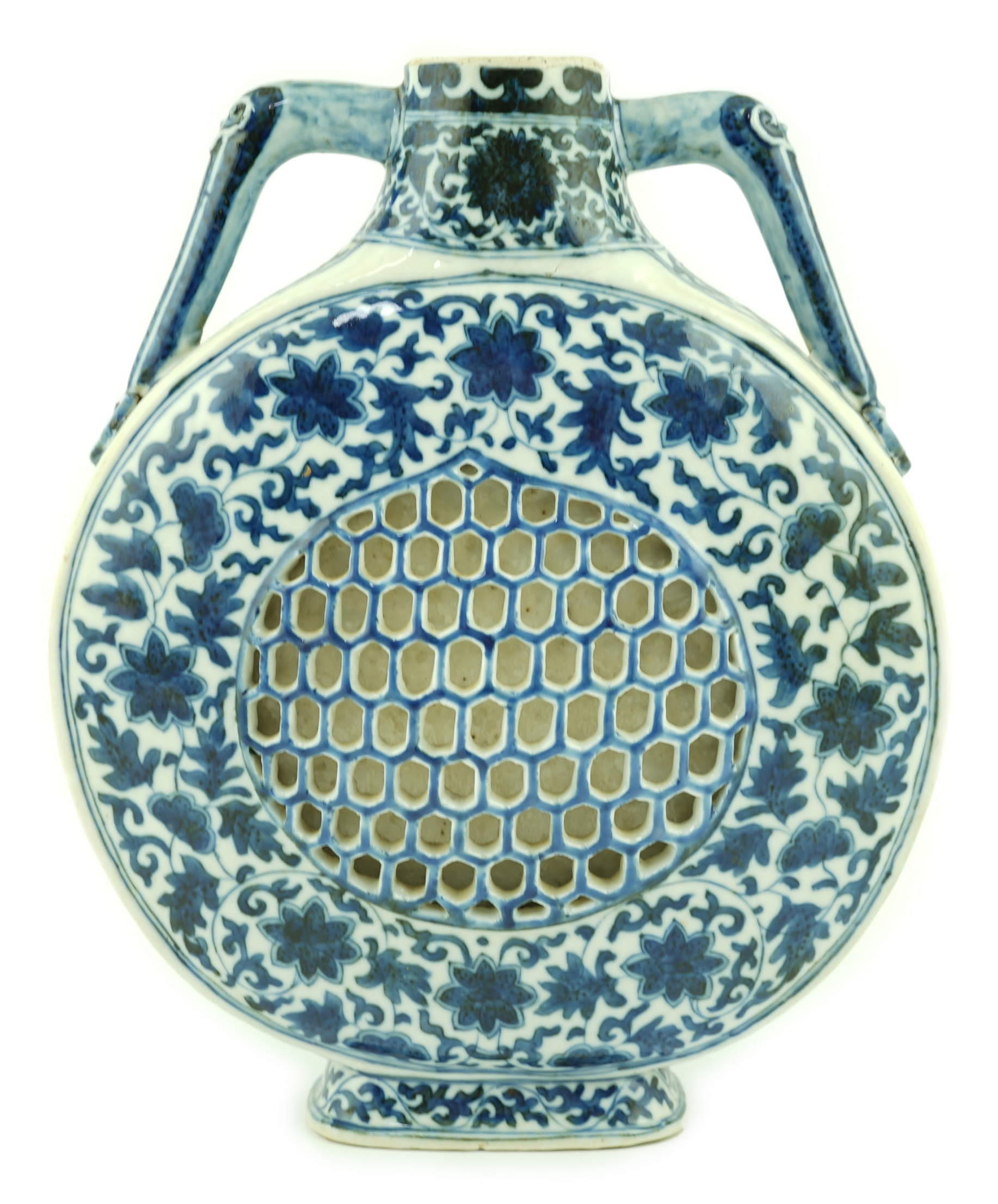 A Chinese blue and white moonflask, Daoguang six character mark and of the period, neck reduced